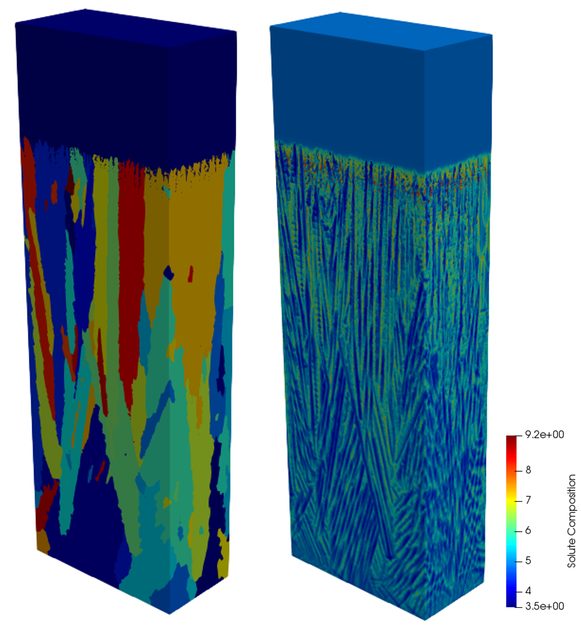 Simulated dendritic growth under directional solidification conditions